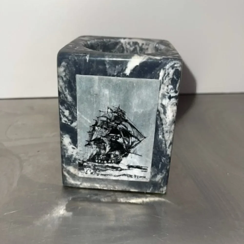 Black Gray Marble Ship Pen Pencil Cup Letter Hold